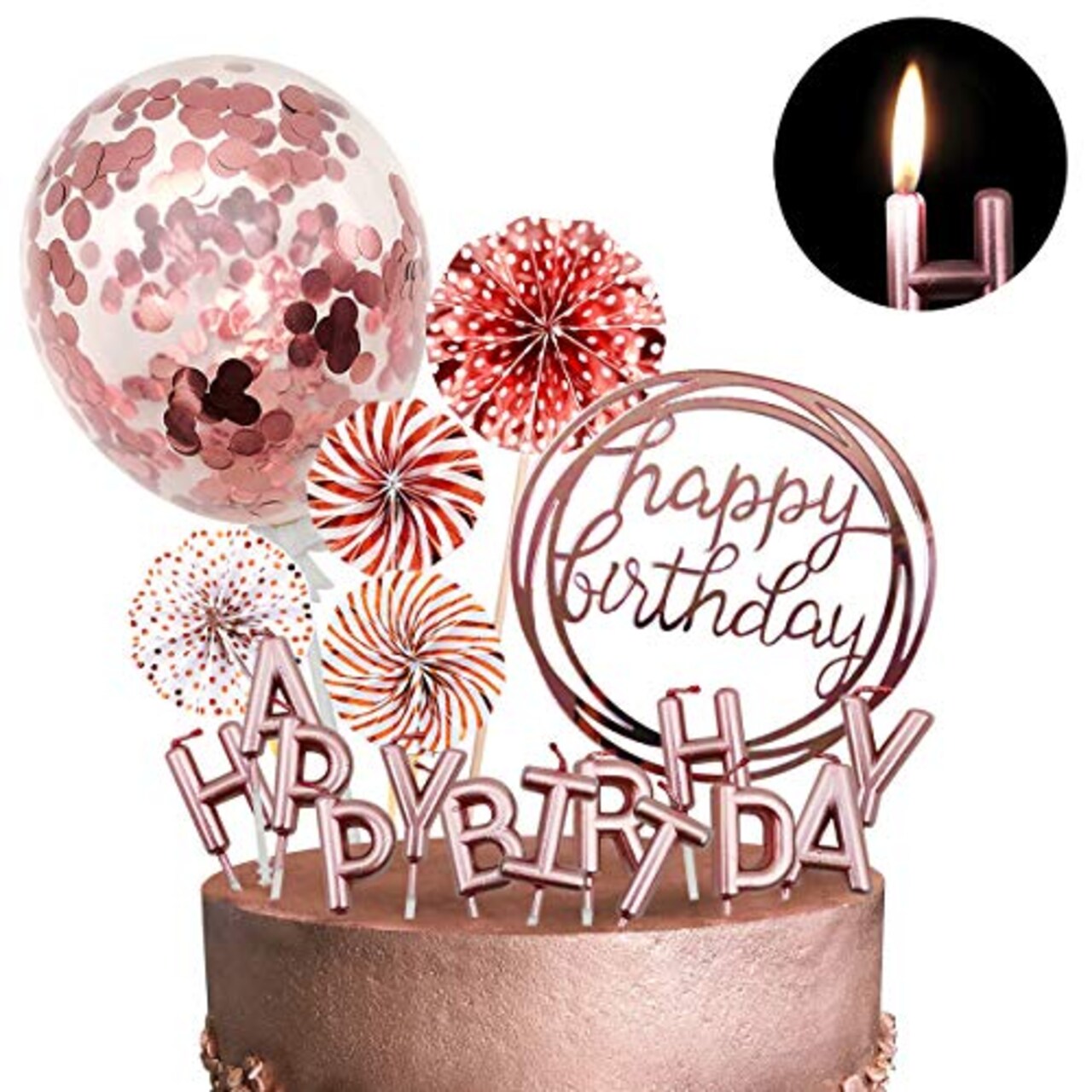 MOVINPE Rose Gold Cake Topper Decoration with Happy Birthday Candles Happy  Birthday Banner Confetti Balloon Paper Fans For Rose Gold Theme Party Decor  Girl Women Birthday Party